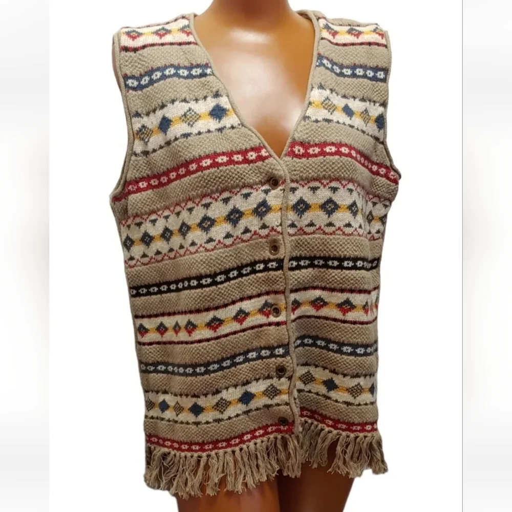 Vtg Boho Fringed Shirt Vest Aztec Southwestern Eclectic Granpa Tribal Button Lg